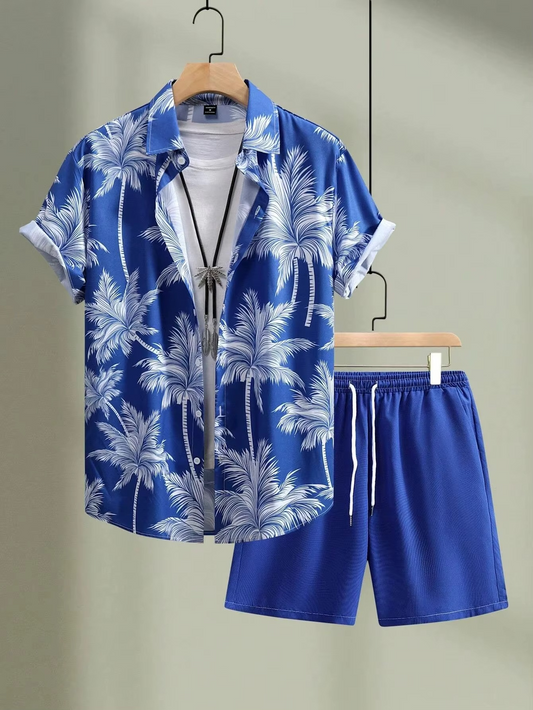 Men's 2-Piece Summer Set – Printed Patchwork Shirt & Beach Shorts