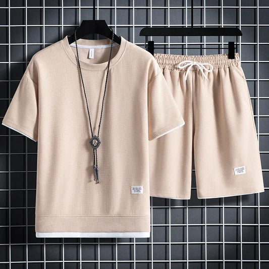 Mens new Waffle Summer Suit 2024 Casual Tshirt  Shorts Suit Mens Tracksuit Solid color tracksuit loose suit