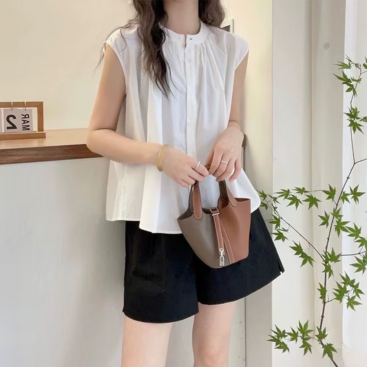Simplicity Pleated O-Neck Korean Blouse for Women