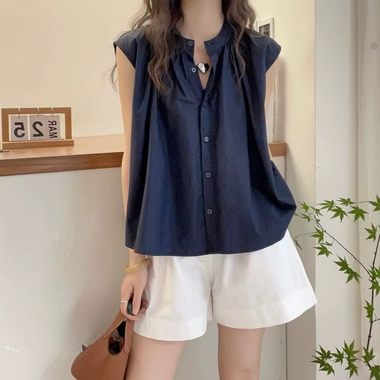 Simplicity Pleated O-Neck Korean Blouse for Women