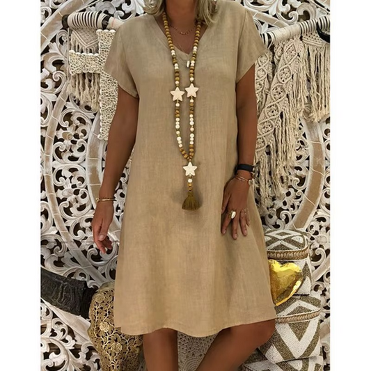 Women’s Summer Linen V-Neck Midi Dress – Casual & Breathable