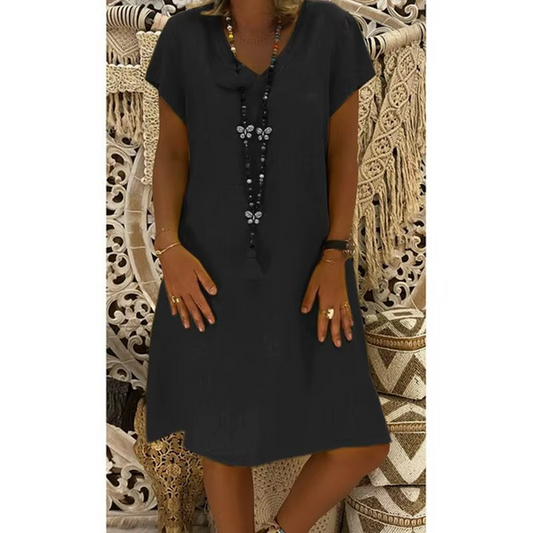 Women’s Summer Linen V-Neck Midi Dress – Casual & Breathable