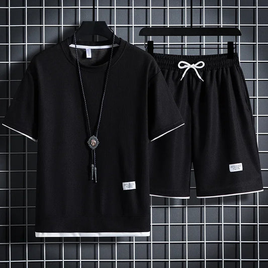 Mens new Waffle Summer Suit 2024 Casual Tshirt  Shorts Suit Mens Tracksuit Solid color tracksuit loose suit