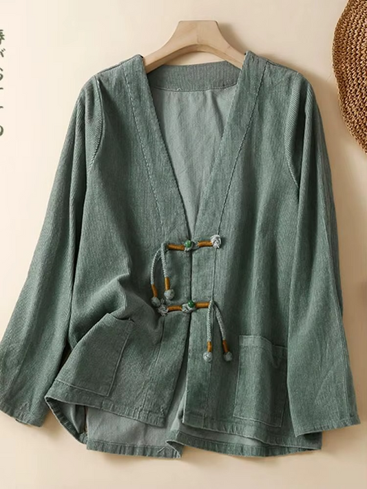 Vintage Corduroy V-Neck Jacket – Women’s Loose Autumn Coat